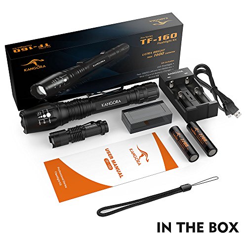 KANGORA LED Taschenlampen-Set TF-160 mit 18650 Akku + Ladegerät + Geschenk-Mini-Taschenlampe Superhell + Wasserdicht + Gürtelclip für Camping Wandern und Outdoor incl. Geschenkbox - 2