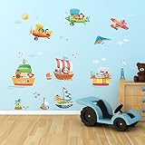 Decowall DAT-1506 Tier Schiffe & 3 Doppeldecker Flugzeuge Wandsticker Wandaufkleber Wandtattoo Kinderzimmer - 2