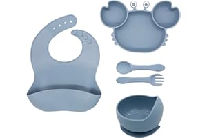 GUUSUI Baby Teller Kindergeschirr Sets, 5 Stücke Silikon Baby Geschirrset Mit Saugnapf Rutschfest Babyteller Schüssel mit Lätzchen Löffel Gabel Abwaschbar BPA Freie Babygeschirr für Baby