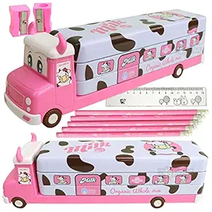 Toyshine Milk Truck Metal Pencil Box with Moving Tyres, Sharpners and Pencils Included for Kids - Pink