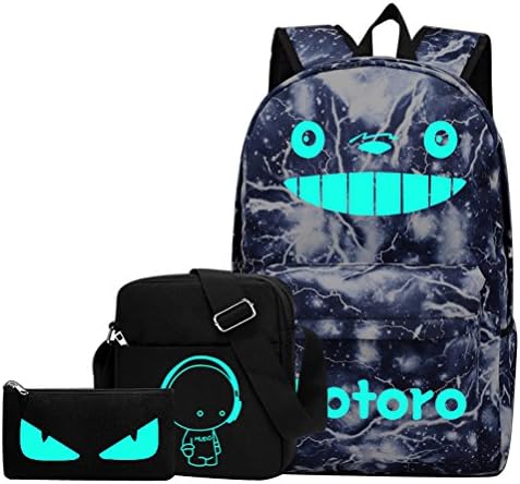 Unisex Luminous Backpack Oxford Textile School Bag Galaxy Print Rucksack + Messenger bag + Pencil Case (Blue (Luminous Totoro), Large (13.6" L x 6.3" W x 19.3" H))