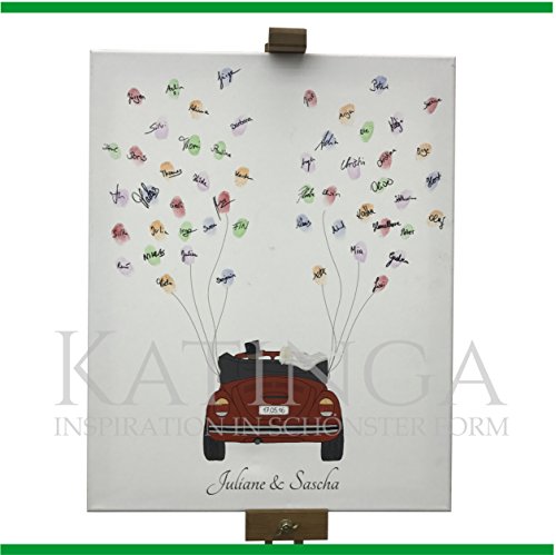 Personalisierte Leinwand zur Hochzeit – Motiv AUTO (rot) – als Gästebuch für Fingerabdrücke (40x50cm, inkl. Stift + Stempelkissen) (rot) - 3