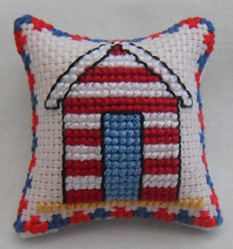 1/12th scale Dolls House Cross Stitch Cushion Beach Hut Design Red, White & Blue