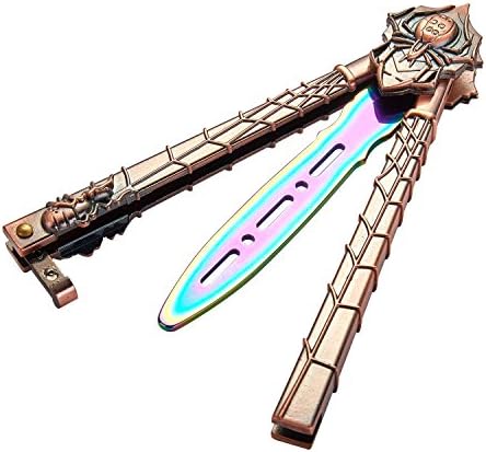 SchwartzPro Zone Folding Trainer Curved Stainless Steel Flip Trick Practice Tool with Holes CS/HDD14 (Rainbow knife - copper spider handle)