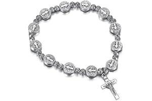 BOBIJOO Jewelry - Bracelet Saint-Benoît Homme Femme Elastique Médaille Croix Métal Argenté