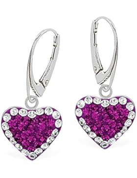 GH1a Himbeere Kristall Herz Brisur Ohrringe 925 Echt Silber Mädchen Damen Ohrhänger z077