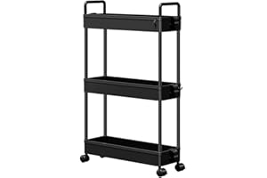 MAGNA RETAIL 3-Tier Ultra Slim Plastic Trolley on Wheels | x9 Hooks & 2 Cups | Slide-Out Storage Shelves | Makeup Storage | Cleaning Trolley | Shelves Unit | Utility Cart | Cleaning Caddy | Rolling Cart (Black)