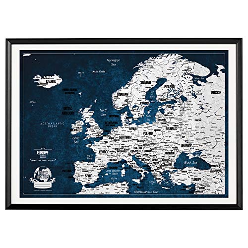 2map Mapa de Viaje con Chinchetas, Mapa de Viaje Europeo con Marco, Mapa de Viaje Familiar y Aventuras Personales, Mapa con 100 Extra Chinchetas 53 x 73 cm, el Mapa para Viajeros, Fabricado en la EU