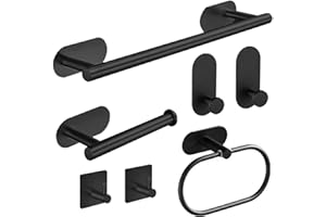 HASA Zone Black Bathroom Accessories Set of 7, 42 CM Towel Rail Wall Mounted, Towel Holders For Bathrooms Toilet Roll Holder Self Adhesive Hooks Towel Hook Towel Ring No Drilling