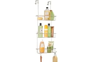 mDesign Metalowa półka pod prysznic – Szafka pod prysznic do zawieszenia na drzwiach kabiny – Organizer prysznicowy na szampony, mydła i kosmetyki – Matowe srebro