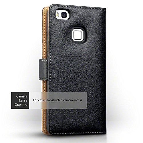 Huawei P9 Lite Funda Cartera con tapa para billetera y compartimento para dinero - Negro con el interior tostado