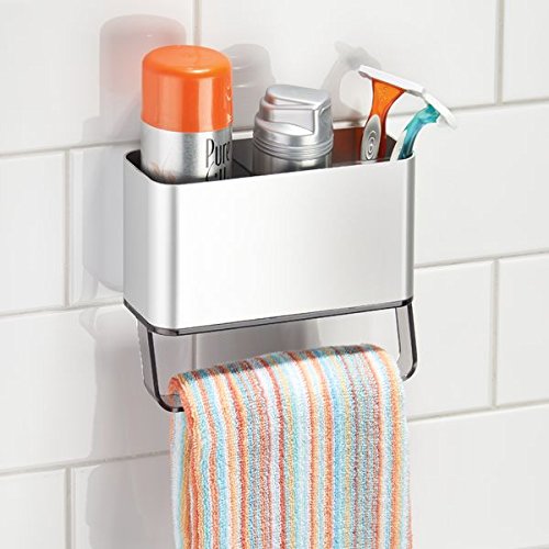 mDesign Duschkorb selbstklebend – praktisches Duschregal – ohne Bohren montieren – Duschablage aus Aluminium für sämtliches Duschzubehör (z.B. Shampooflaschen) – mit Handtuchstange - 2