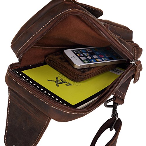 Hombres Retro Aut  ntico Cuero de Vaca Deporte Excursionismo Paquete de Crossbody Mochila Mensajero Bolso del Pecho  marr  n 