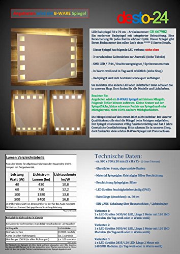 B-WARE LED Badspiegel Spiegel 50 x 70 cm Spiegel mit Beleuchtung Bad Spiegel 667982-1-W57 – warm – weiß - 5