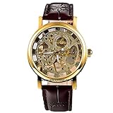 GuTe Unisex Gold Steampunk Mechanisch Armbanduhr Skelett Hand-wind Dunkelbraun PU Band