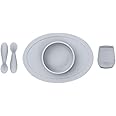 ezpz First Food Set (Pewter) - 100% Silicone Suction Bowl with Built-in Placemat, Training Cup and Spoons for First Foods + Baby Led Weaning - 4 Months+