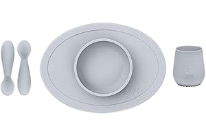 EZPZ Tiny Bowl, Cup, Spoons 4 Monate +, Schüssel, Becher und Löffel aus 100% Silikon, Hellgrau