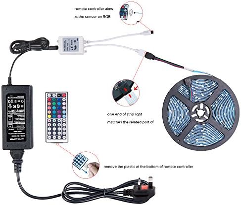 COLORFULLPLed Strip Lights, RGB Led Lights, Waterproof Led Strip Lights, 32.8ft 5M 5050 RGB 600LEDs(60leds/m), 44key IR Remote Controller and Power Supply Included, Multi-coloured Led Strips For Home