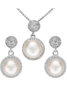 EVER FAITH® Damen 925 Sterling Silber CZ Süßwasser kultivierte Perle Classial Round Halskette Ohrringe Set
