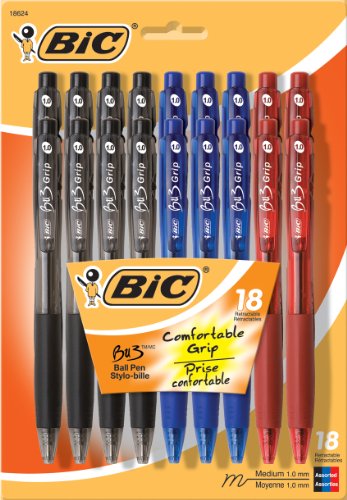 BicBU3 Grip Ball Pen, Medium Point (1.0 mm), Assorted, 18-Count by BIC