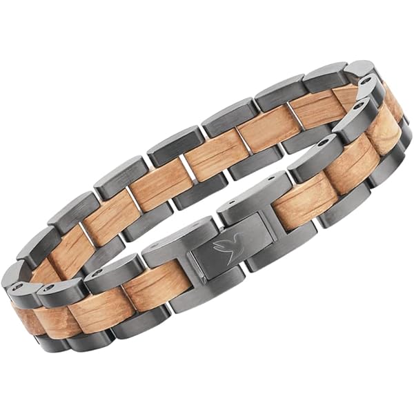 WOODSTAR (BLACK MAMBA) Herenarmband van staal en hout, modesieraad voor heren, verstelbare armband, zwart, B19-006, Il bracciale può essere regolato su misura, Hout Gelegeerd staal Roestvrij staal