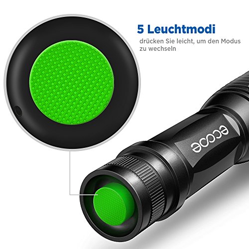Ecooe Taschenlampe LED Cree 1000 Lumen XML-2 T6 5 Modis Einstellbar Super Hell Schwarz - 3