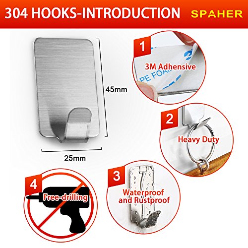 SPAHER Selbstklebend Handtuchhaken Haken 8 Stück Wasserdicht 304 Edelstahl 3M Badezimmer WC Traceless Hat Handtuch Kleiderhaken Schiene Aufbewahrung Kleiderbügel Racks Wand Haken für Küche Bad - 3