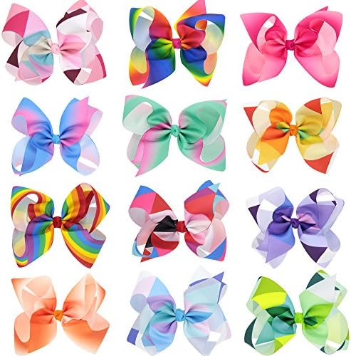 6 Inch Baby Girls Toddlers Teens Rainbow Hair Bows Clips Big Large Hair Bows Set of 12 Colors
