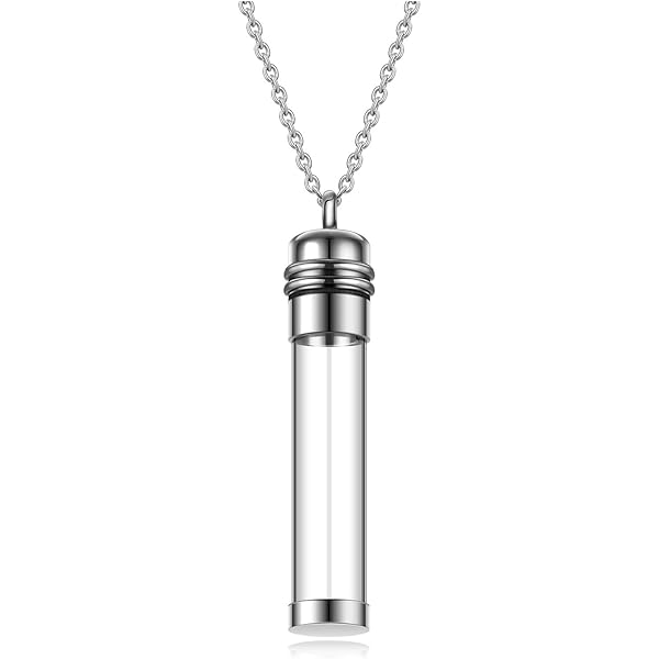 Collier Pendentif Urne Personnalisé Zysta – Tube Bouteille Transparent Acrylique & Acier Inoxydable – Souvenir Gravé Mémorial