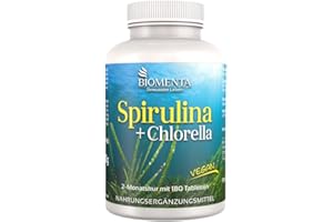 ‎BIOMENTA BIOMENTA Spirulina + Chlorella - 180 hochdosierte Algen Tabletten mit je 1.500mg Pulver beider Mikroalgen/Tagesverzehr - vegan – Premiumqualität