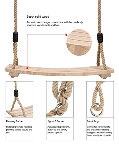 Pellor Erwachsene Kinderschaukelsitz mit Holzbrett Hängesitz, 120cm-180cm Verstellbares Seil bis150kg - 4