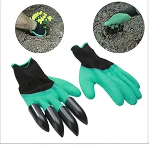 MosQuick -1 Pair Rubber Garden Gloves for Digging, Planting, Garden Work with 4 ABS Plastic Claws Green & Black Color