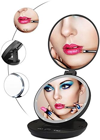 Portable LED Lighted Makeup Mirror 1X/5X Magnification Double Sided Folding Travel Handheld Vanity Mirror black