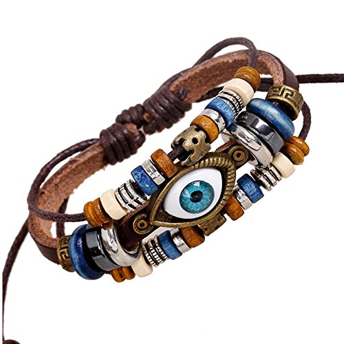 SwirlColor Vintage Brown Leather Bracelet With Blue Evil Eye, Adjustable Wrist Length