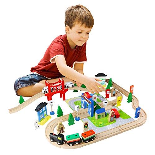 ACOOLTOY Wooden Train Track Set Toy Wooden Classic Railway Flexible Track Car Set Building Kit Toy for Kids Aged 3+ (80 Pcs)