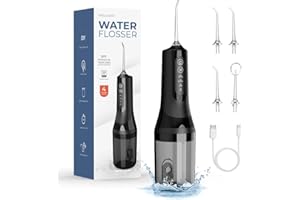 GERBALA Munddusche Kabellos Elektrischer Zahnreiniger, 4 Modi & 5 Düsen USB-C Wiederaufladbare Wasser Flosser IPX6 Wasserdicht, 260ml Wassertank Munddusche für Reisen und Zuhause (Schwarz)