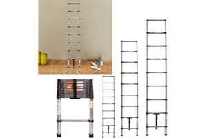 VICKYHOME 2.6m/8.5ft Heavy Duty Stainless Steel Telescoping Extendable Ladder - Multi Purpose Loft Garden Roof Stair Ladder with Safety Button, Adjustable Step