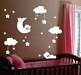  Cute bebé tamaño grande sala vivero luna y estrellas pegatinas vinilo pared, una bonita sonrisa con nubes blancas estrellas bebé decoración de la habitación