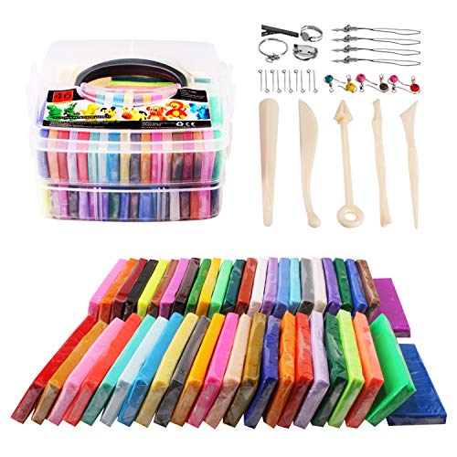 iFergoo QMAY Pâte à Modeler, 46 Couleurs Pâte à polymère Soft Craft Clay Set avec Outils de modélisation et Accessoires dans Une boîte de Rangement, Cadeau pour Enfants