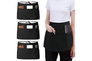 Casenly 3 Pezzi Grembiuli, Nero Mezzo Grembiuli da Cucina con 3 Tasche, Impermeabile Mezzo Grembiuli da Cucina, Cameriere Cameriera Corto Grembiule per Bistrot Ristorante caffè(60x30cm)