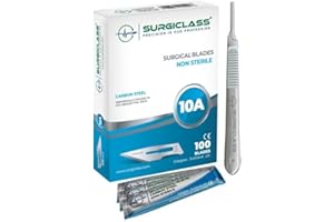 SURGICLASS Scalpel Blades # 10A, Carbon Steel Non Sterile Scalpel Surgical Blades Box of 100 et poignée n° 3 per dermaplaning chirurgico, anatomia di laboratorio, intaglio, hobby artigianale SURGIBL10A-100
