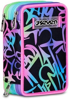 Seven Astuccio Scuola Elementare, 3 scomparti con Matite, Pennarelli, Penne, 3 Zip, Sprinkling, Bambina e Ragazza, blu/viola