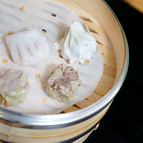 Andrew James – 22.86cm (9 Inch) Bambusdämpfer mit Edelstahlringen – 2 Etagen – Inklusive Essstäbchen Set und Dim Sum Dämpferpapier - 9