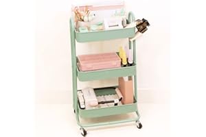 Craftelier Metalowy wózek organizacyjny z 3 tacami, kolor Aqua, 4 kółka obrotowe o 360° z hamulcami, przybliżony rozmiar: 78 x 40 cm