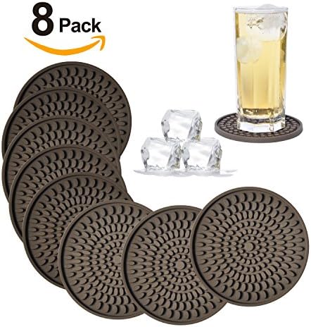 Silicone Drink Coasters Set-Deep Tray,Large 4.3 inches Size Protect Table Desk From Drinks, Beverage,Water or Alcohol Like Whiskey, Beer, Wine,Tropical Cocktails by Kindga … (Brown-oval)