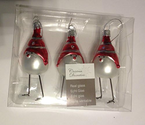 Christmas Decoration - Boxed 3 Hanging Real Glass Bird in Hat with Long Leg Ornament