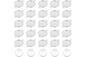 UNICRAFTALE 50 Ensembles 12mm Plat Rond Plateaux Liens Faire des Paramètres de Connecteur Cabochon en Acier Inoxydable avec Boucles et Cabochons en Verre Transparent pour la Fabrication de Bijoux