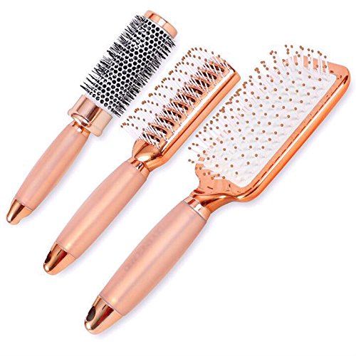 Rose Gold Haarbürsten Set. Enthält Fass-, Paddel- und Vent-Haarbürsten. Gut zum Richten, Styling und Detangling. Luxus, professionelle - 3