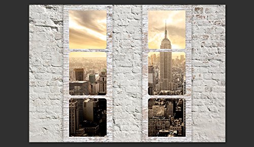 Fototapete Fenster nach New York 350×245 cm – VLIES TAPETE PREMIUM – PROFI QUALITÄT – Top moderne Wanddeko – Riesen Wandbild – Top Design Tapete – Neue exklusive Edition mit noch besser Druckauflösung – Deutsches Premium Vlies – New York Stadt City Skyline View Manhattan Himmel Fenster Steine Ziegel USA c-A-0066-a-b - 2