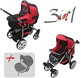  Jackmar  Gestell in Weiß  Hartgummireifen in Chrom & Schwarz  3 in 1 Kinderwagen Megaset (12 Teile)  Farbe: Schwarz & Rot